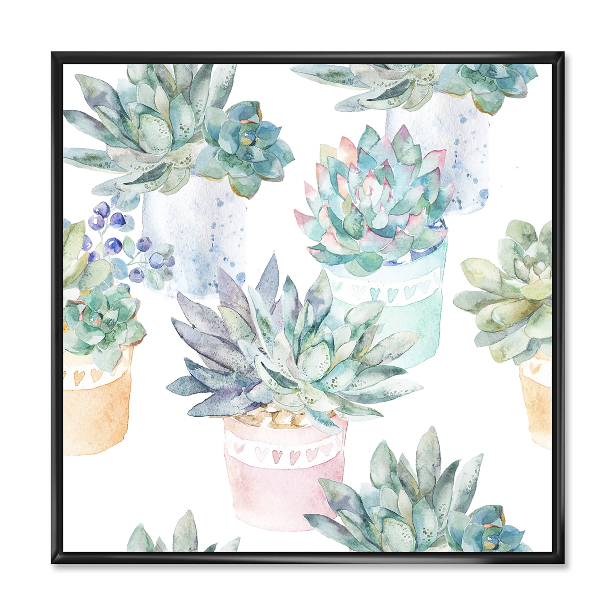 Designart 'Pastel Toned Succulent Housplants in Flowerpots' Traditional Framed Canvas Wall Art Print