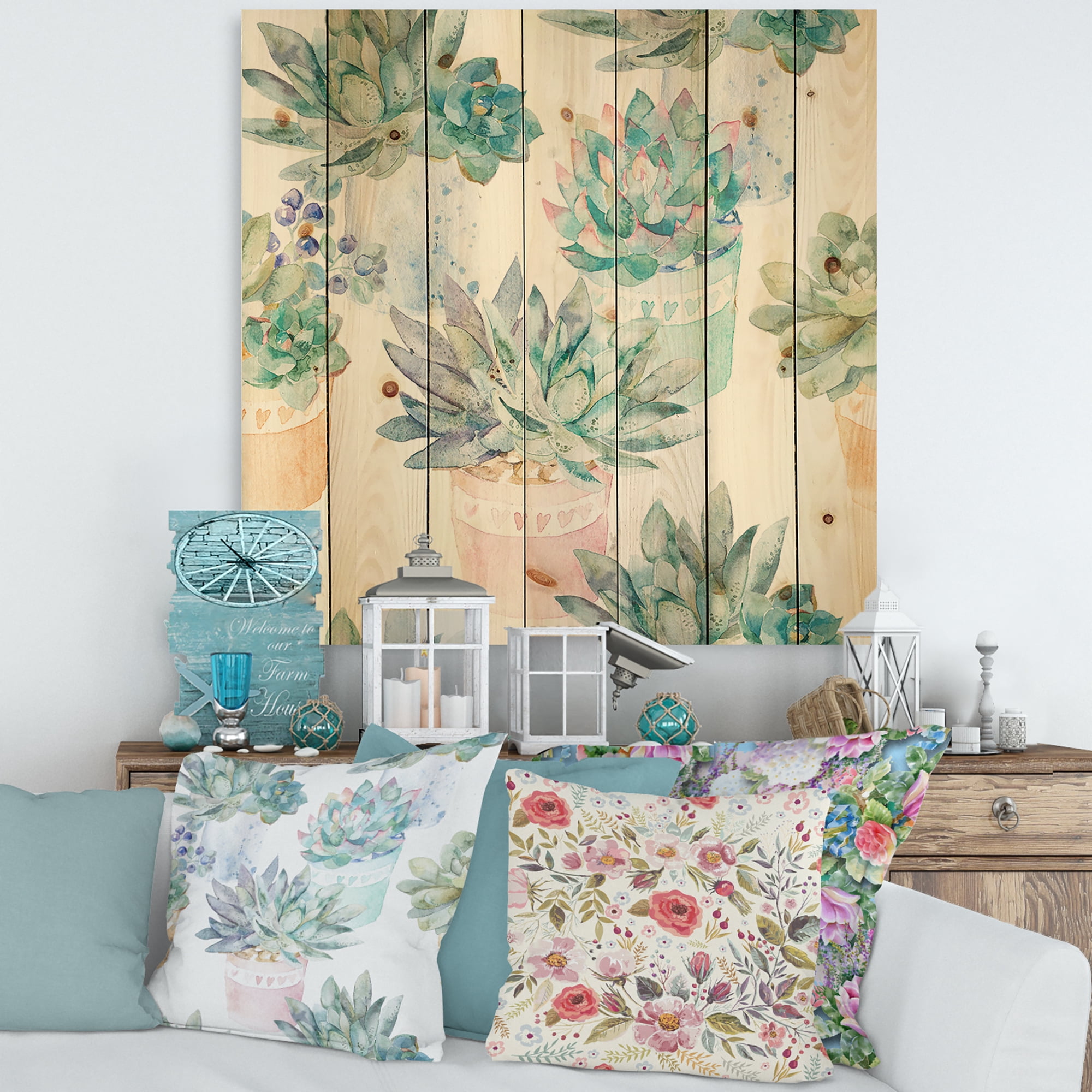 Designart 'Pastel Toned Succulent Housplants in Flowerpots' Traditional Print on Natural Pine Wood