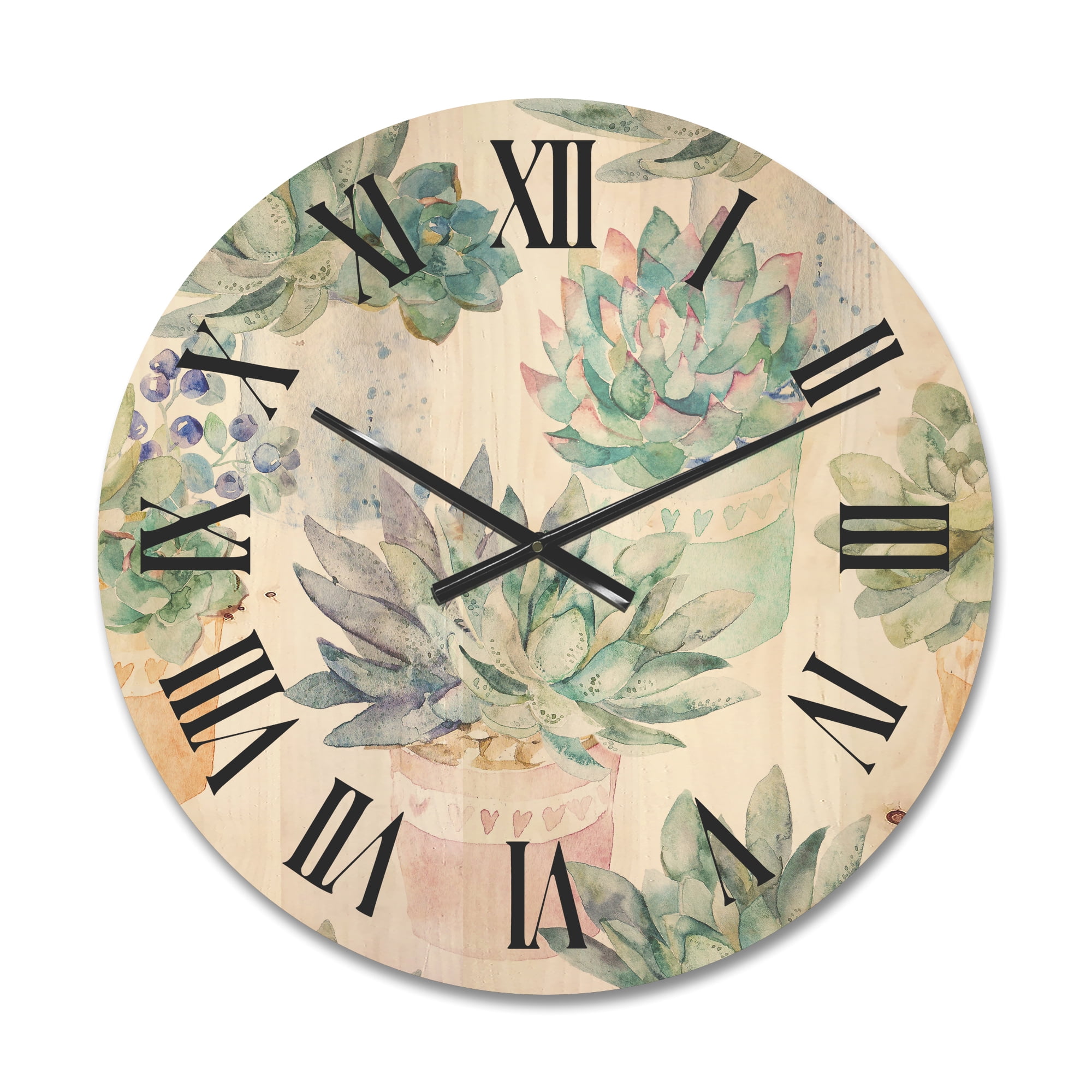 Designart 'Pastel Toned Succulent Housplants in Flowerpots' Traditional Wood Wall Clock