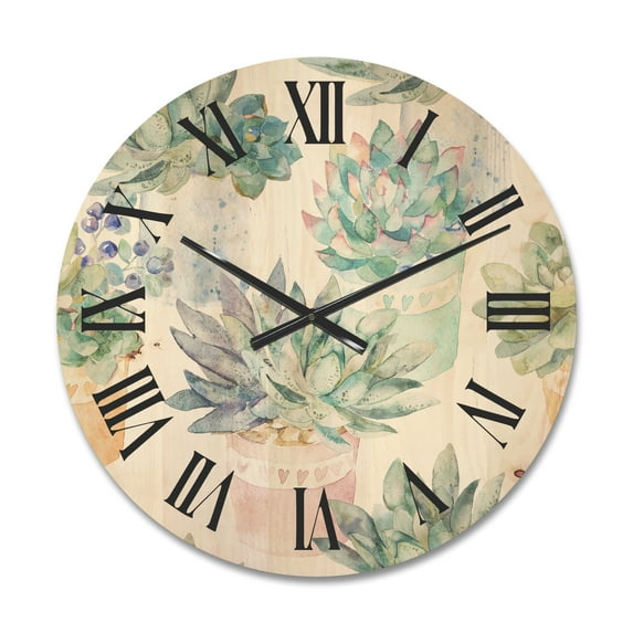 Designart 'Pastel Toned Succulent Housplants in Flowerpots' Traditional Wood Wall Clock