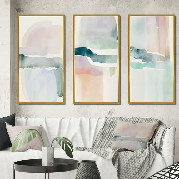 Designart "Pastel Tranquility in Serene Shades I" Abstract Liquid Ink Framed Wall Art Set Of 3 - Blue Modern Frame Gallery Wall Set For Home Decor