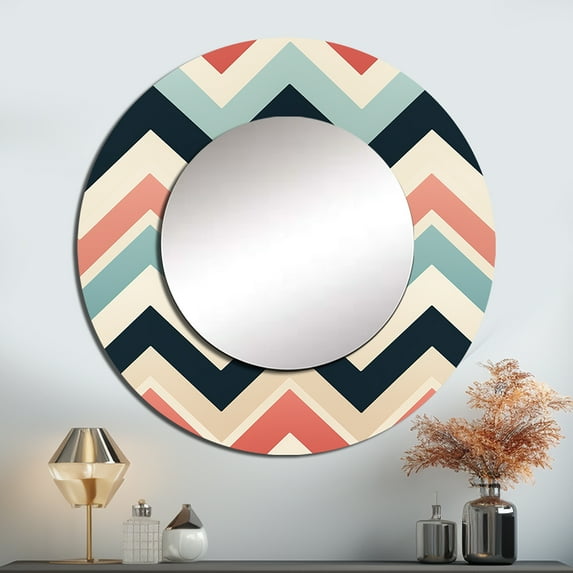 Designart "Pastel Vintage Chevron I" Chevron Rund Mirror For Wall Decor - Large Multicolor Round Printed Mirror -Glam Round Living Room Mirror - 23" x 23"