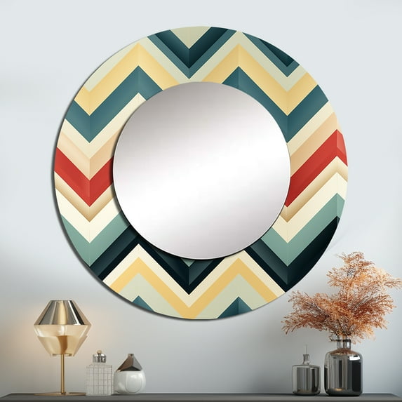 Designart "Pastel Vintage Chevron III" Chevron Rund Mirror For Wall Decor - Large Multicolor Round Print Mirror - Round Glam Mirror - Wall Mounted Round Large Mirror - 23" x 23"