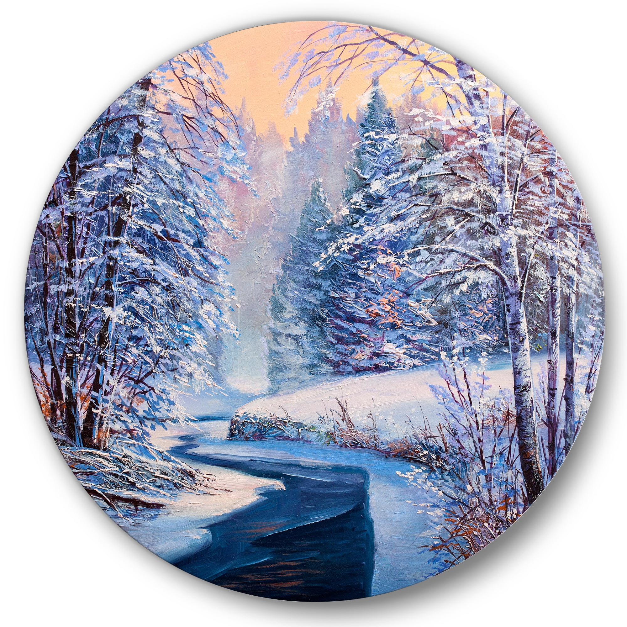Designart 'Pastel Winter Forest With River' Lake House Circle Metal Wall Art 36x36 - Disc of 36