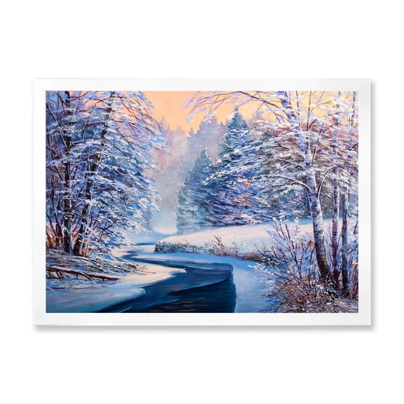 Designart 'Pastel Winter Forest With River' Lake House Framed Art Print