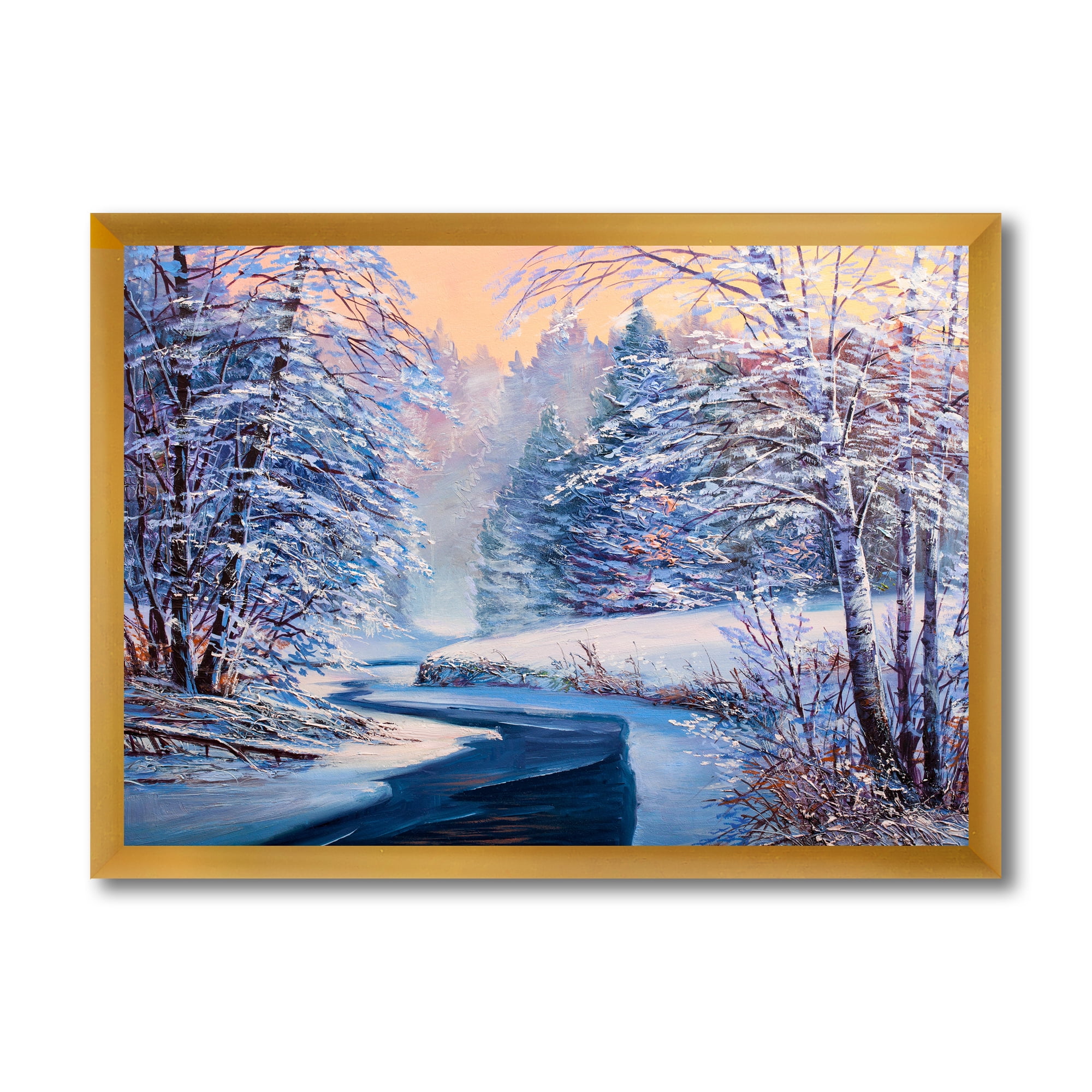 Designart 'Pastel Winter Forest With River' Lake House Framed Art Print