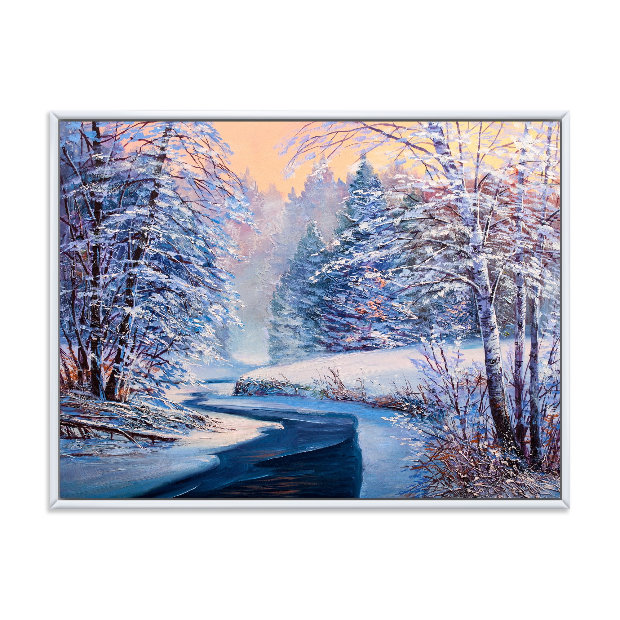 Designart 'Pastel Winter Forest With River' Lake House Framed Canvas Wall Art Print