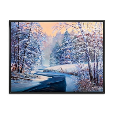 Designart 'Pastel Winter Forest With River' Lake House Framed Canvas Wall Art Print