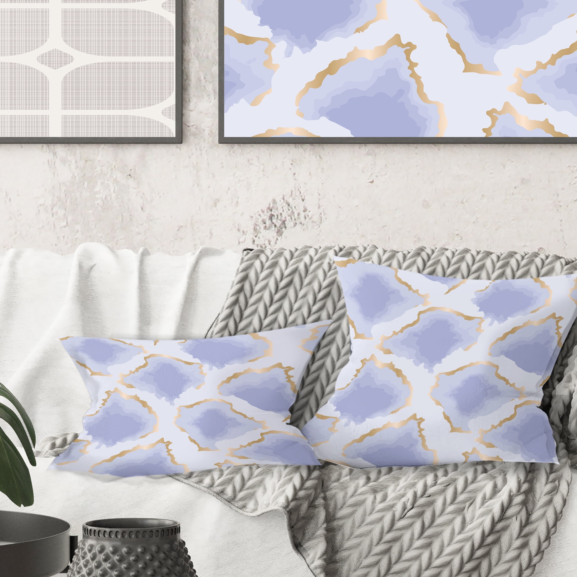 Designart Pastel blue and gold abstract shapes pattern' Mid-Century Modern Throw Pillow - 16x16