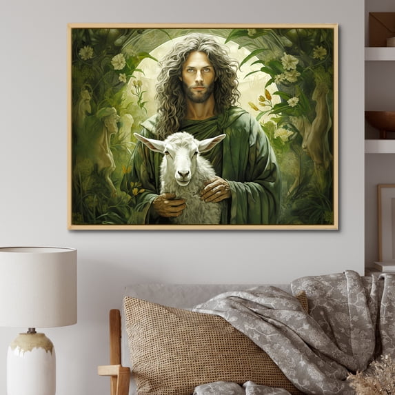 Designart "Pastor Jesus In Verdant Fields" Christianity Floater Framed Canvas Art Print