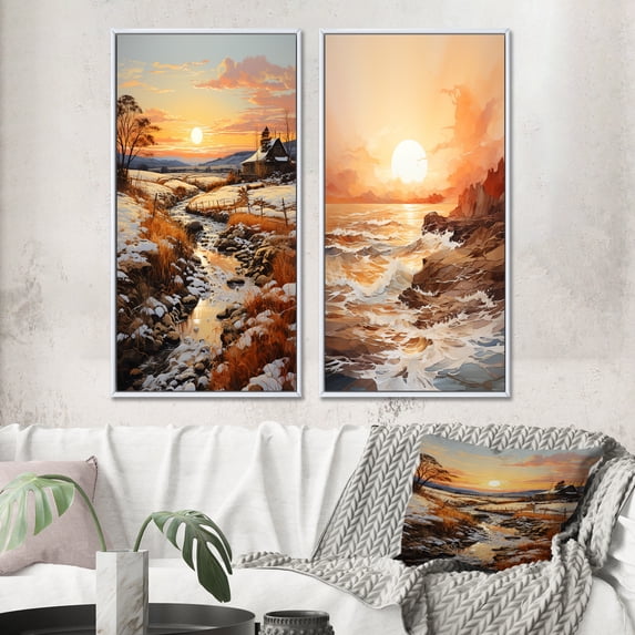 Designart "Pastoral Golden Hour Sunrise Scenery I" Sunrisesunset Framed Wall Art Set Of 2 - Yellow Landscapes Framed Wall Art Set Of 2