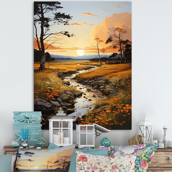 Designart "Pastoral Golden Hour Sunrise Scenery II" Landscape & Nature Canvas Art Print