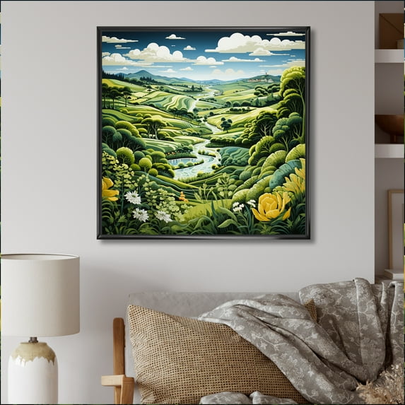 Designart "Pastures An Countryside Green wall art I" Landscapes Floater Framed Canvas Wall Art