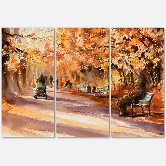 Designart ' Path In The Park In Sunny Autumn Day ' Country Canvas Wall Art Print
