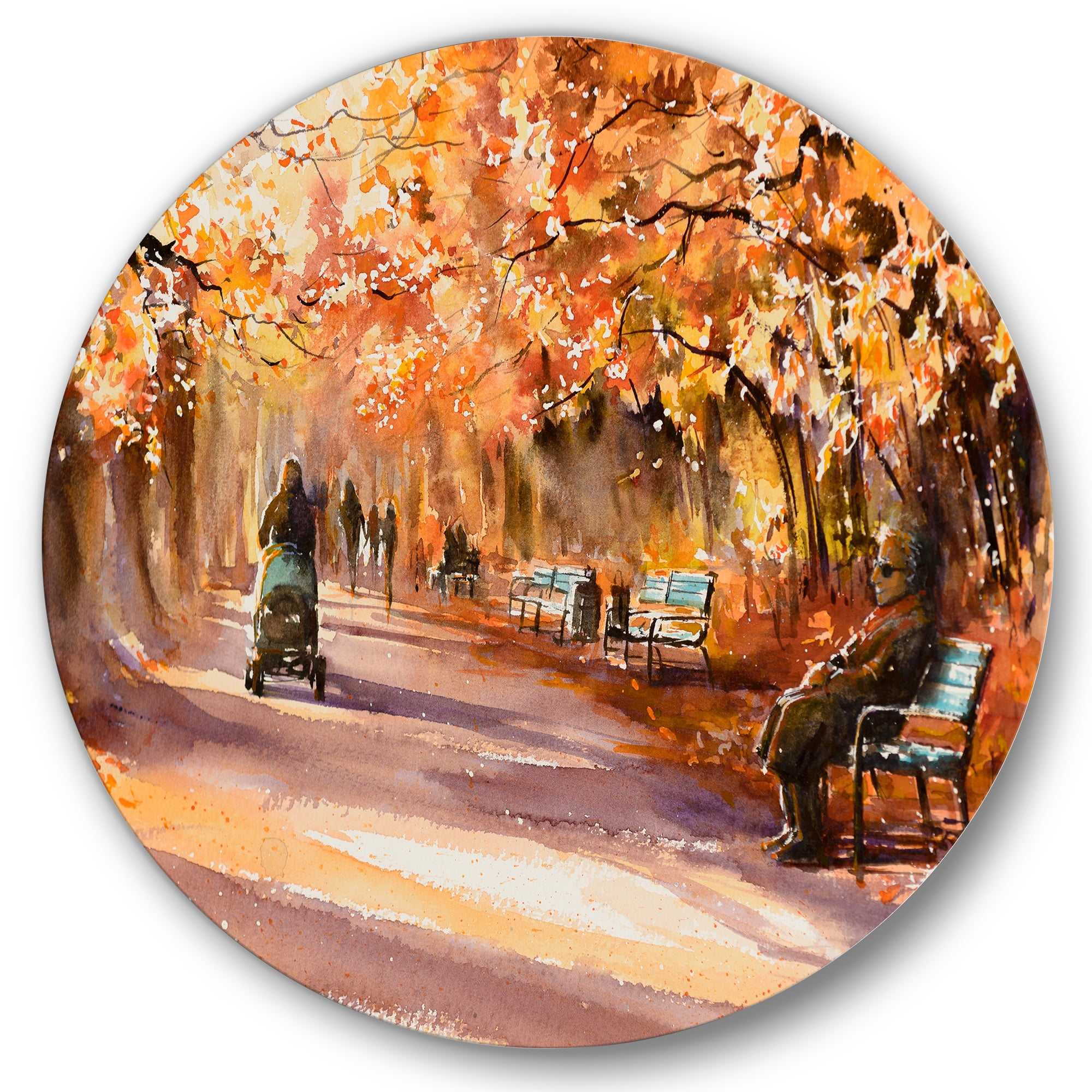 Designart 'Path In The Park In Sunny Autumn Day' Country Circle Metal Wall Art 23x23 - Disc of 23