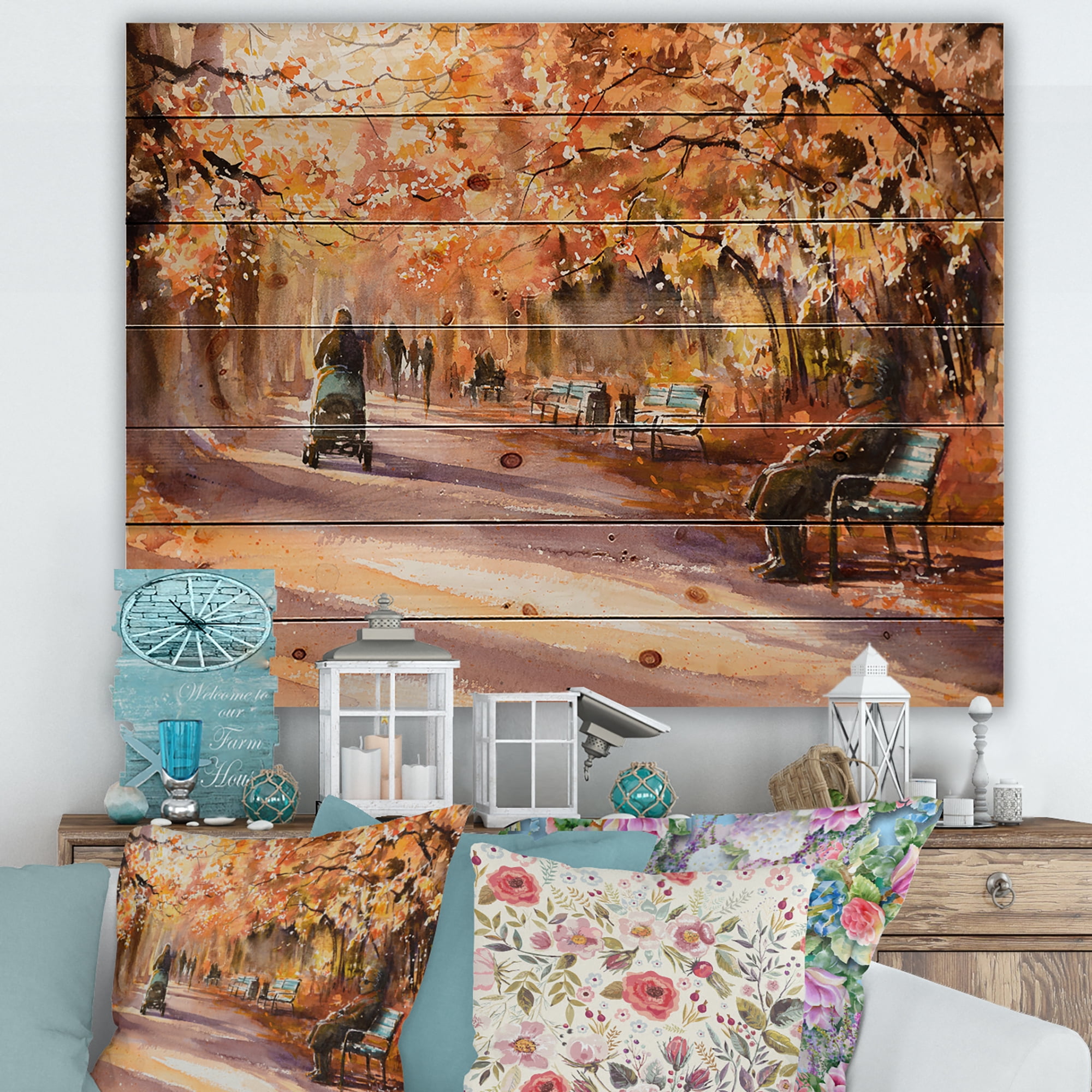 Designart 'Path In The Park In Sunny Autumn Day' Country Print on Natural Pine Wood