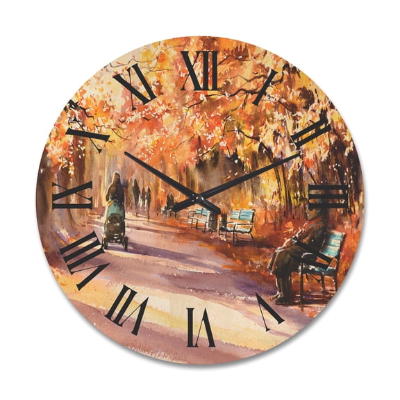 Designart 'Path In The Park In Sunny Autumn Day' Country Wood Wall Clock