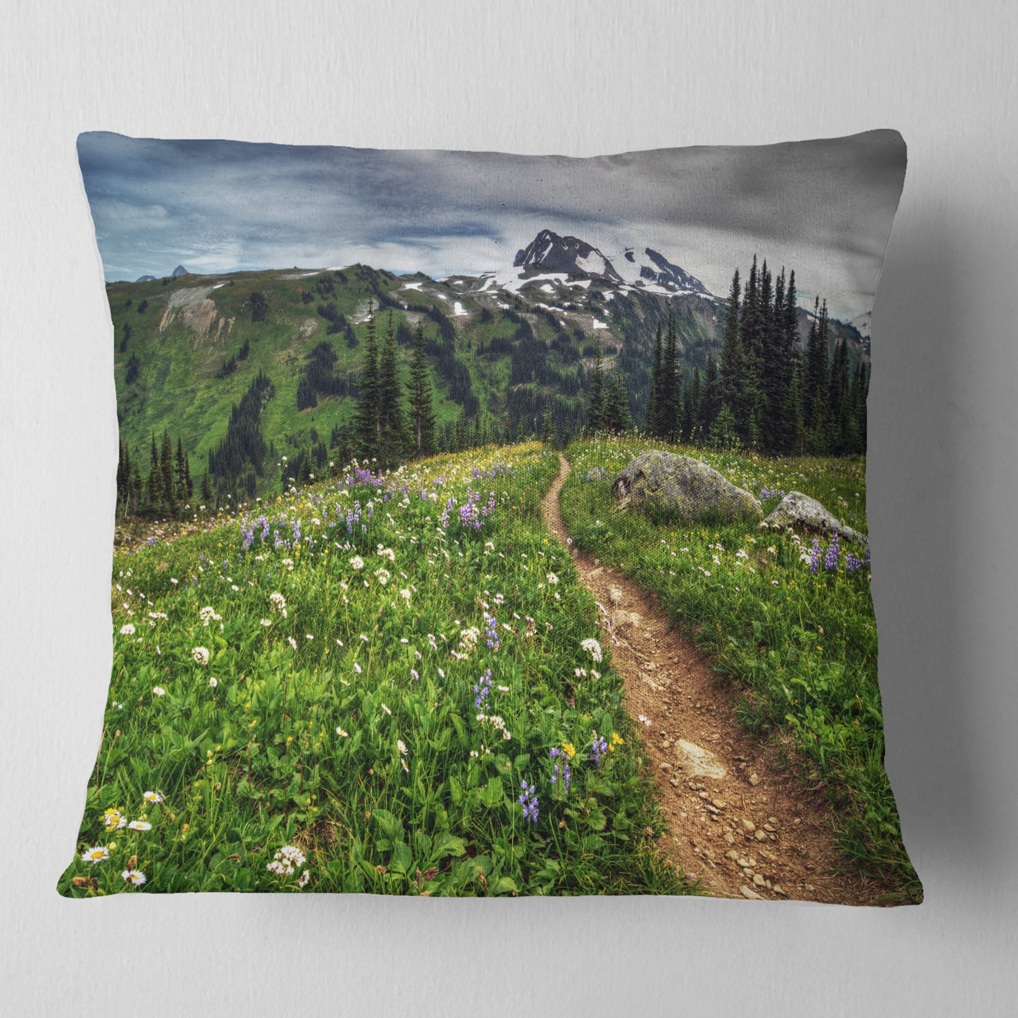 Designart Path Through Flowering Fields - Landscape Printed Throw Pillow - 16x16