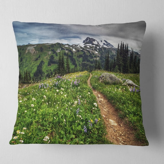 Designart Path Through Flowering Fields - Landscape Printed Throw Pillow - 18x18