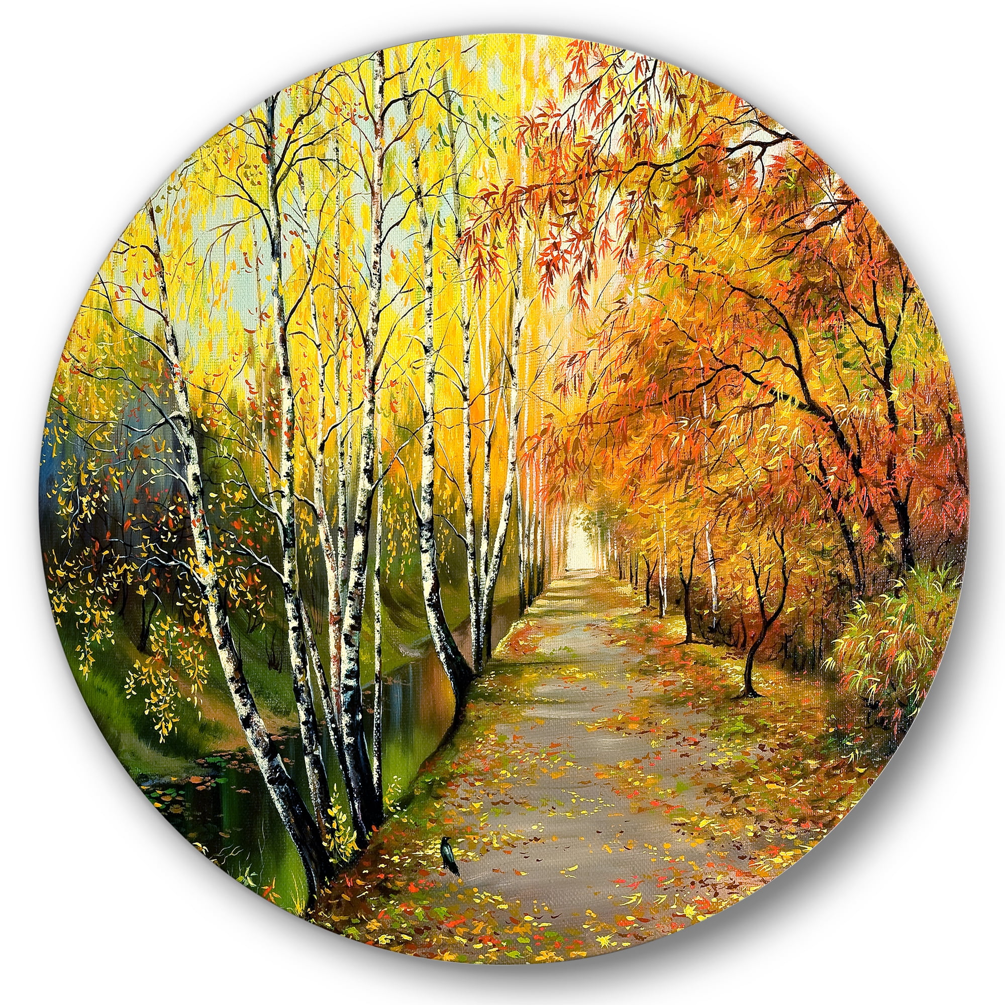 Designart 'Path Through The Autumn Woods Along River' Traditional Circle Metal Wall Art 11x11 - Disc of 11
