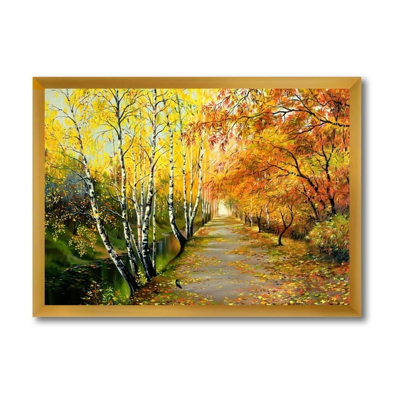 Designart 'Path Through The Autumn Woods Along River' Traditional Framed Art Print