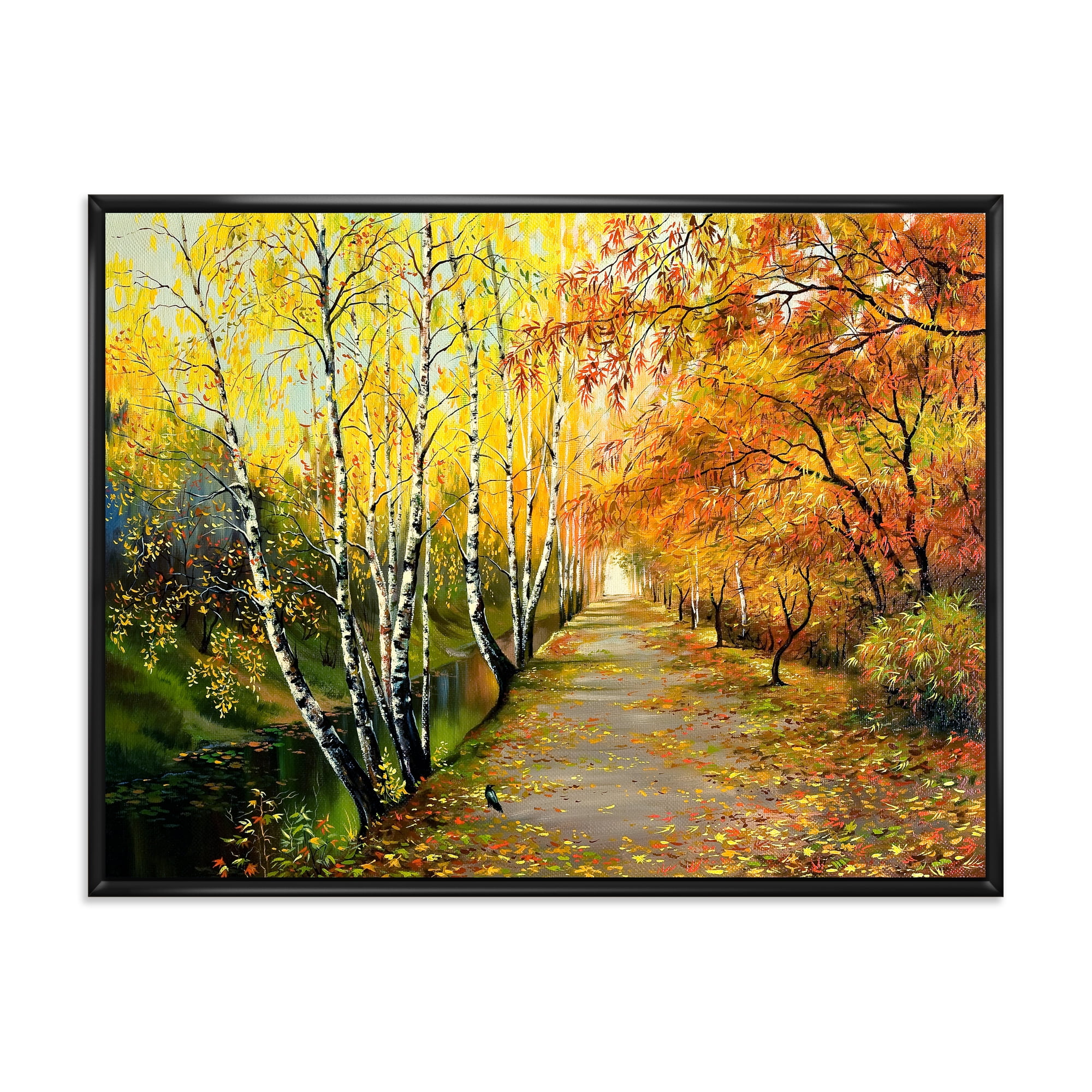 Designart 'Path Through The Autumn Woods Along River' Traditional Framed Canvas Wall Art Print