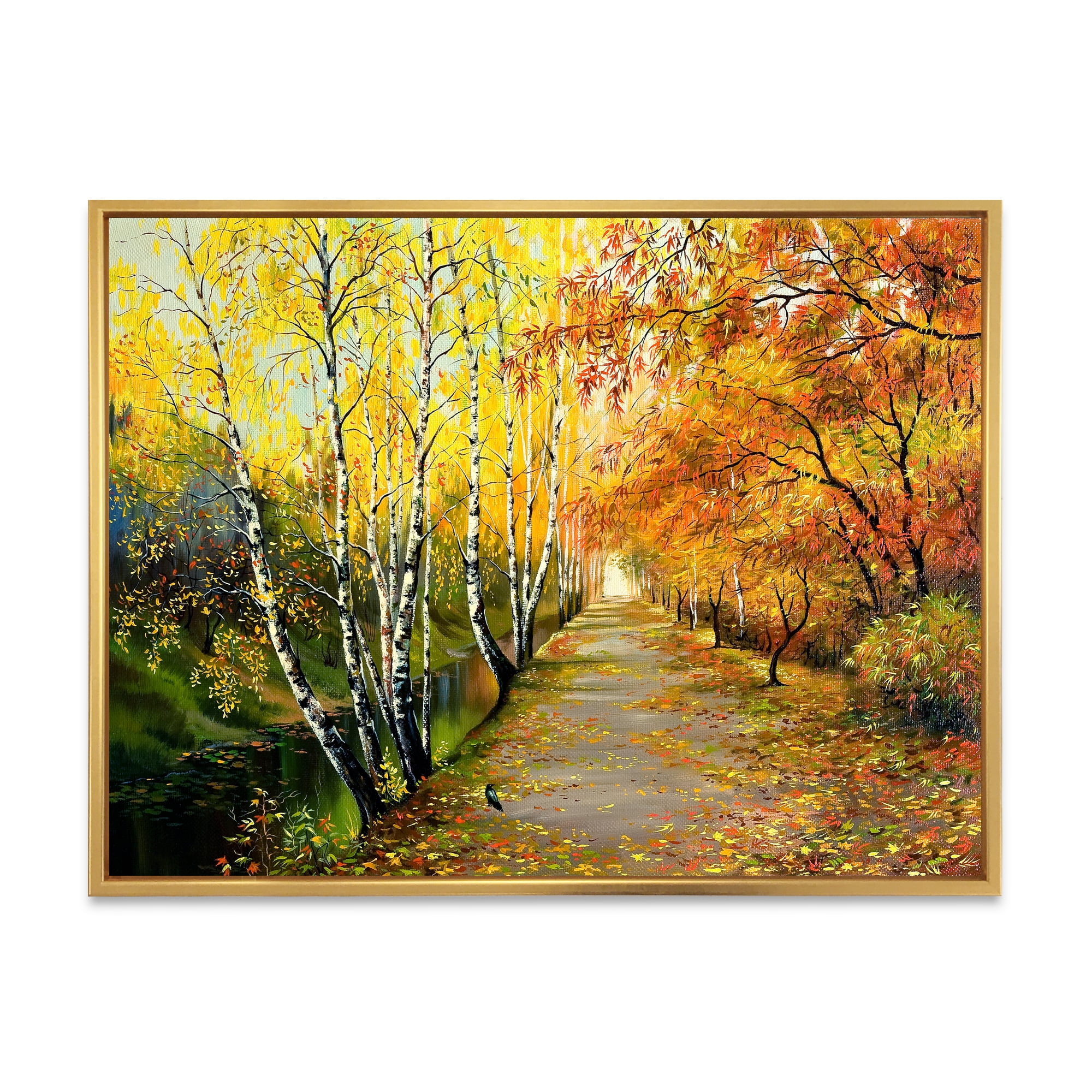 Designart 'Path Through The Autumn Woods Along River' Traditional Framed Canvas Wall Art Print