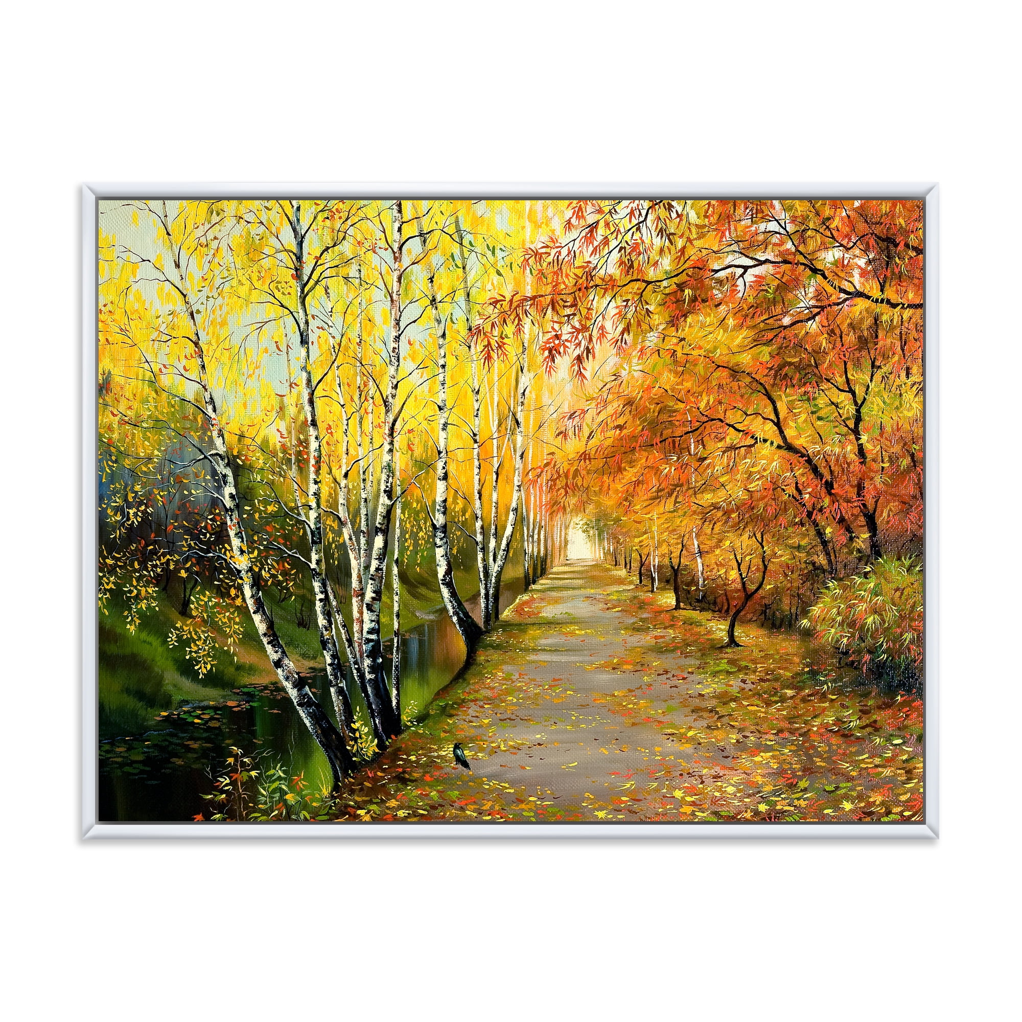 Designart 'Path Through The Autumn Woods Along River' Traditional Framed Canvas Wall Art Print