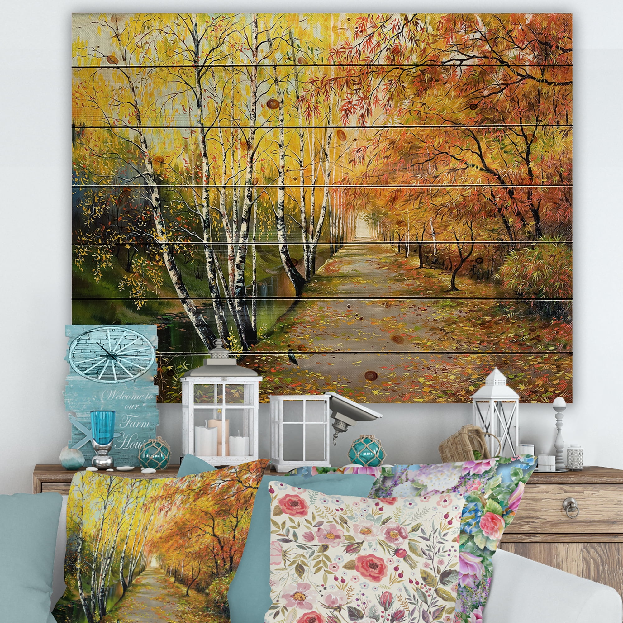 Designart 'Path Through The Autumn Woods Along River' Traditional Print on Natural Pine Wood