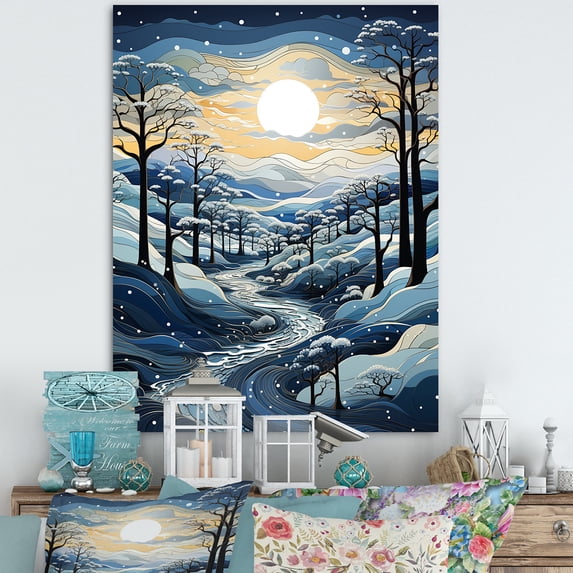 Designart "Path Through Winter Forest in Blue & White II" Landscapes Canvas Wall Art - Farmhouse Blue Forest Winter Hallway Wall Art Decor