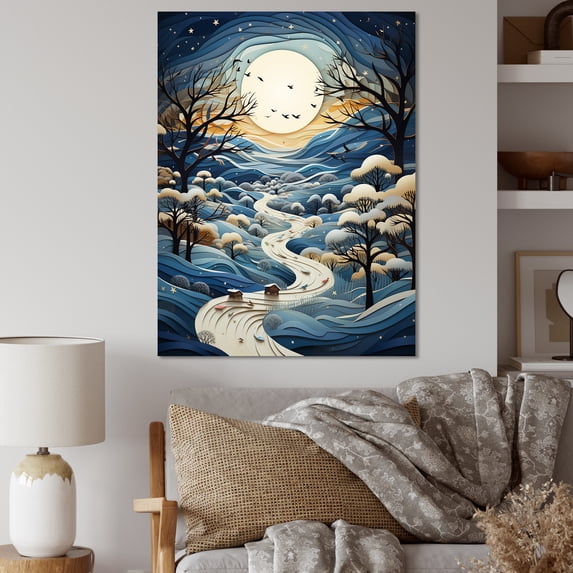 Designart "Path Through Winter Forest in Blue & White III" Landscapes Canvas Wall Art - Farmhouse Blue Forest Winter Living Room Canvas Art