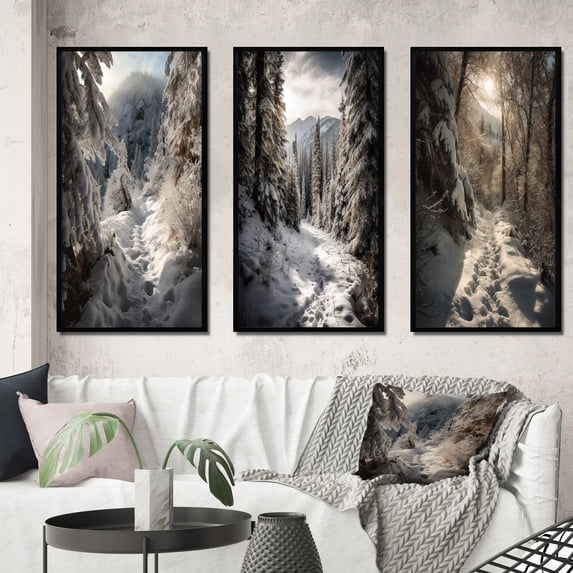 Designart "Path Through the Frosty Snow Forest IV" Landscapes Framed Wall Art Set Of 3 - White Snow Frame Gallery Set For Office Decor