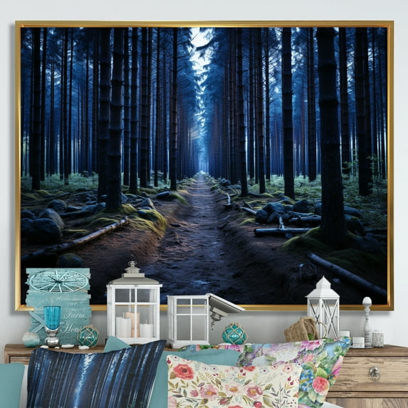 Designart "Path To The Forest Blue" Landscapes Floater Framed Canvas Wall Art