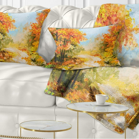 Designart Path in Autumn Forest - Landscape Printed Throw Pillow - 12x20