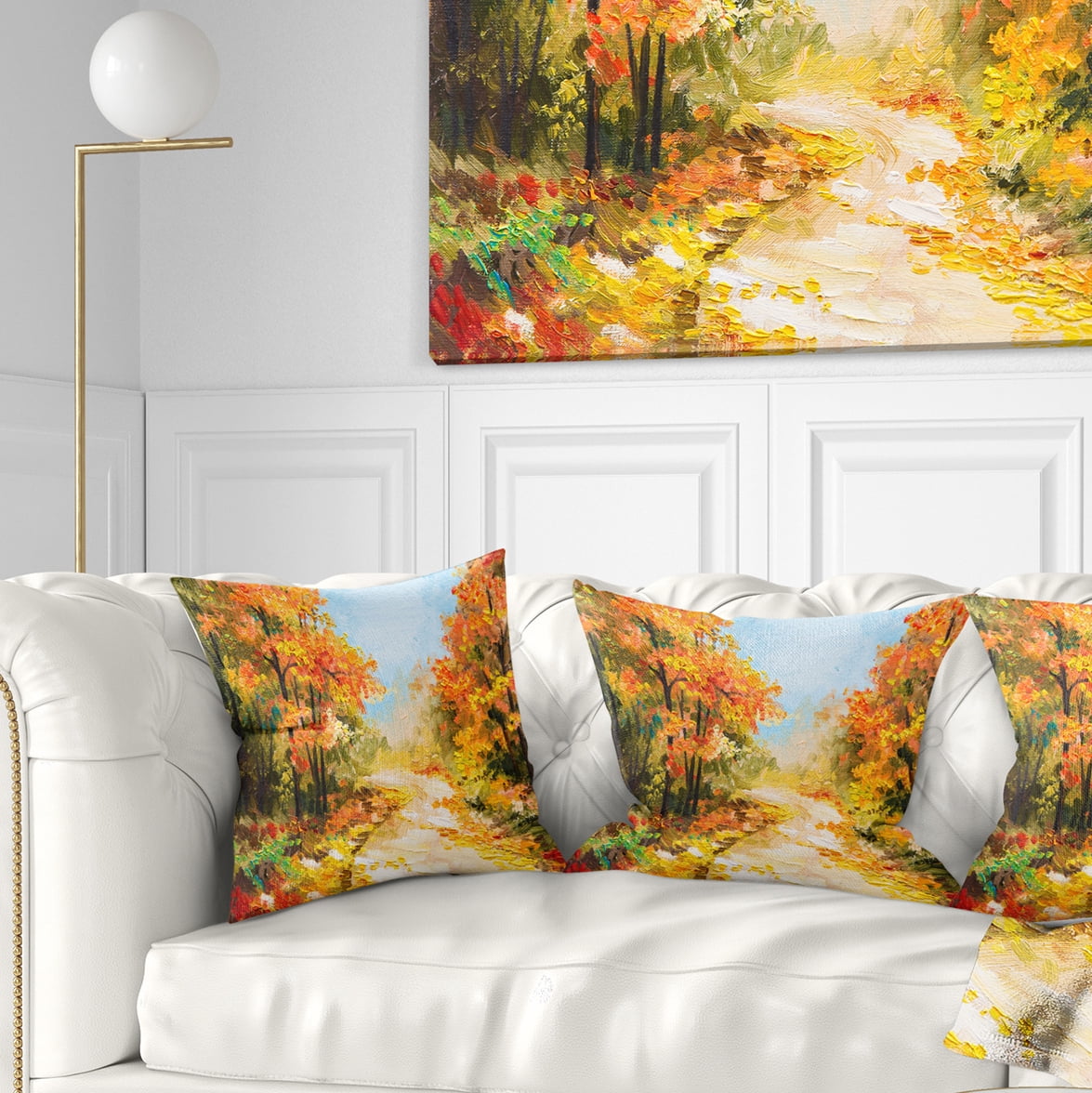 Designart Path in Autumn Forest - Landscape Printed Throw Pillow - 18x18