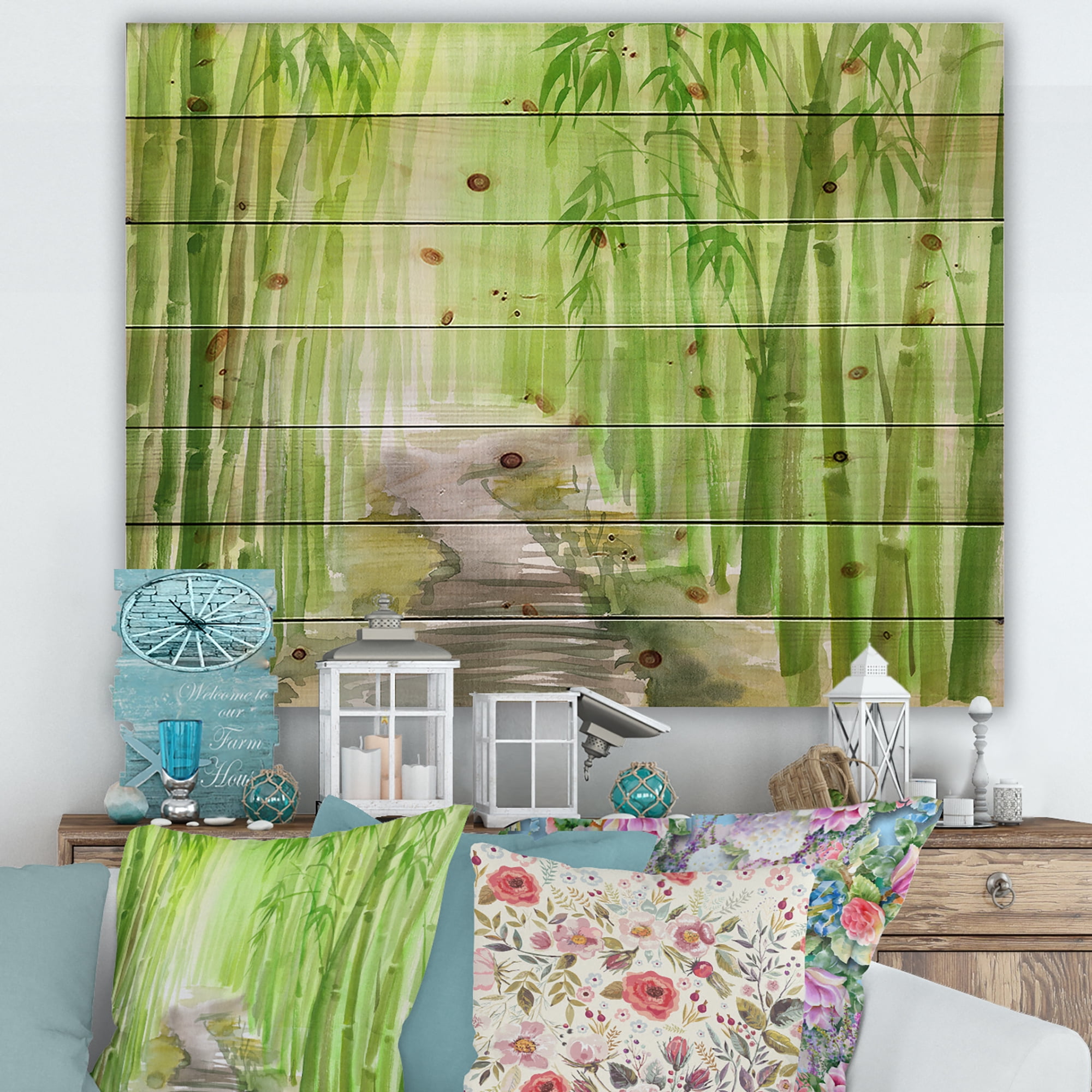 Green Bamboo Forest Landscape Print on Natural Pine Wood
