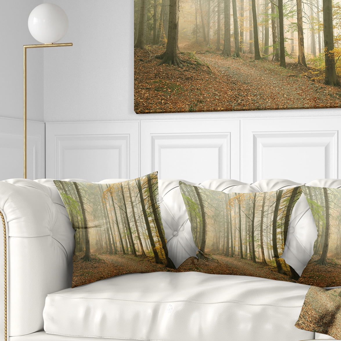 Designart Path in Misty Autumn Forest - Landscape Photography Throw Pillow - 18x18