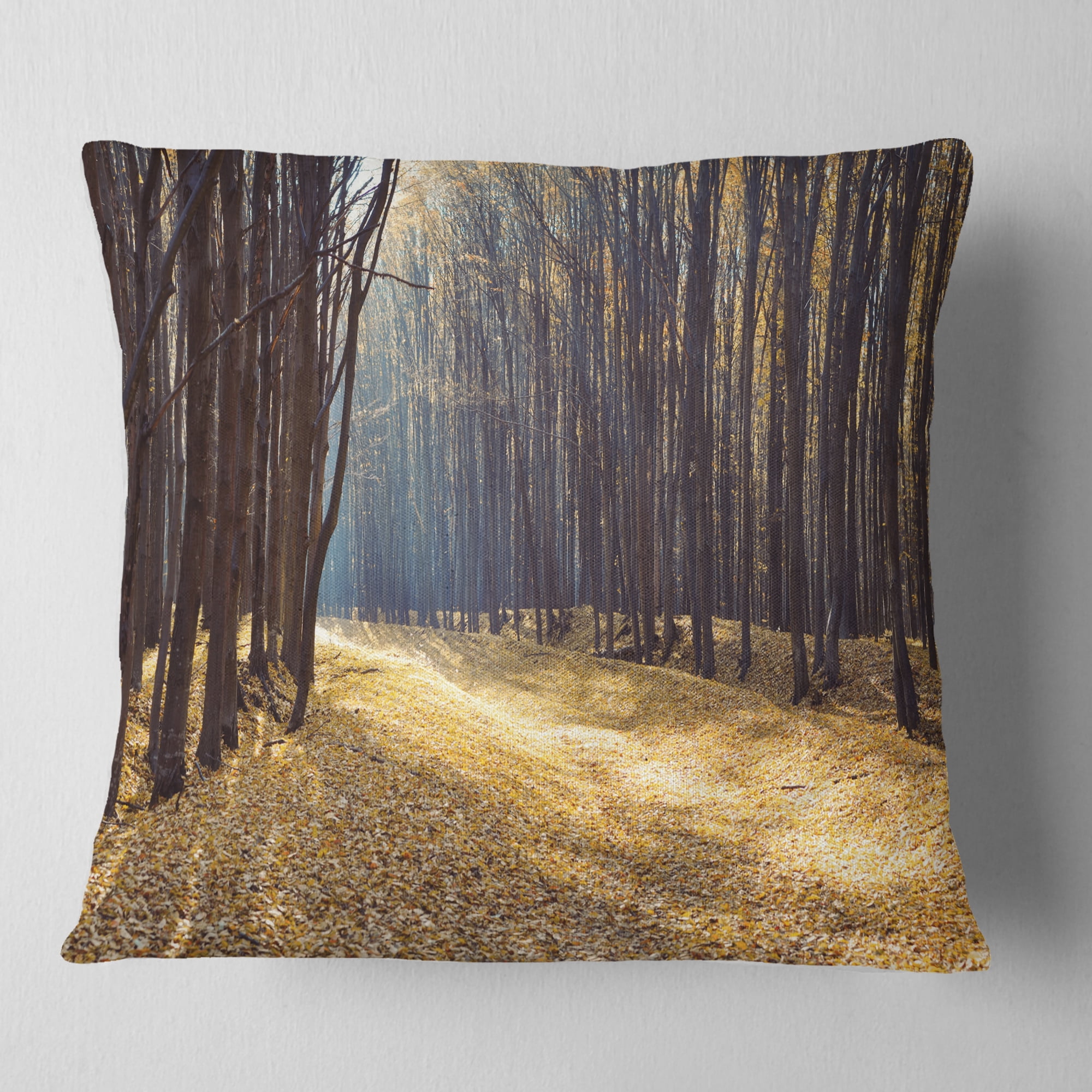 Designart Path in the Fall Forest Panorama - Forest Throw Pillow - 18x18