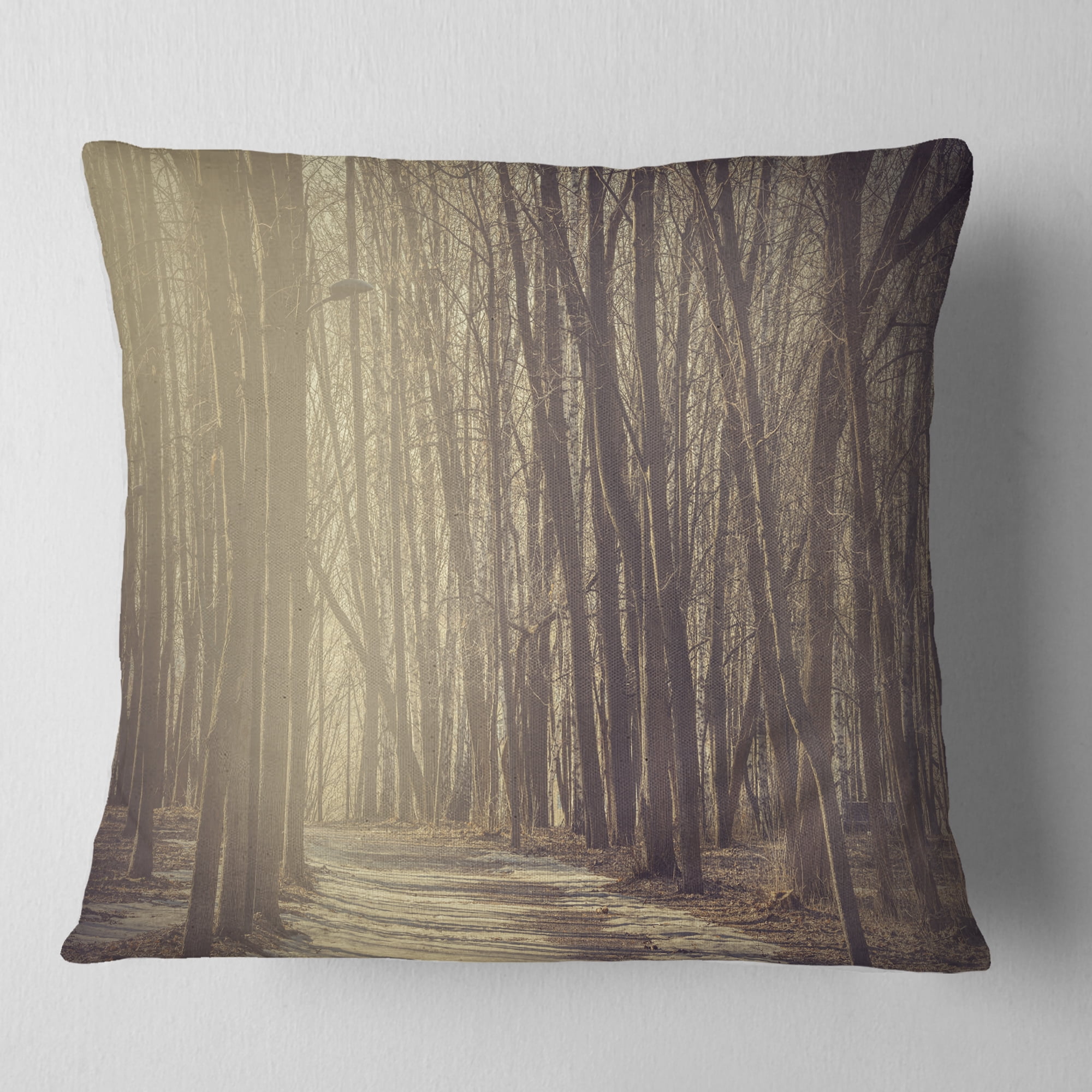 Designart Path in the Foggy Fall Forest - Modern Forest Throw Pillow - 18x18