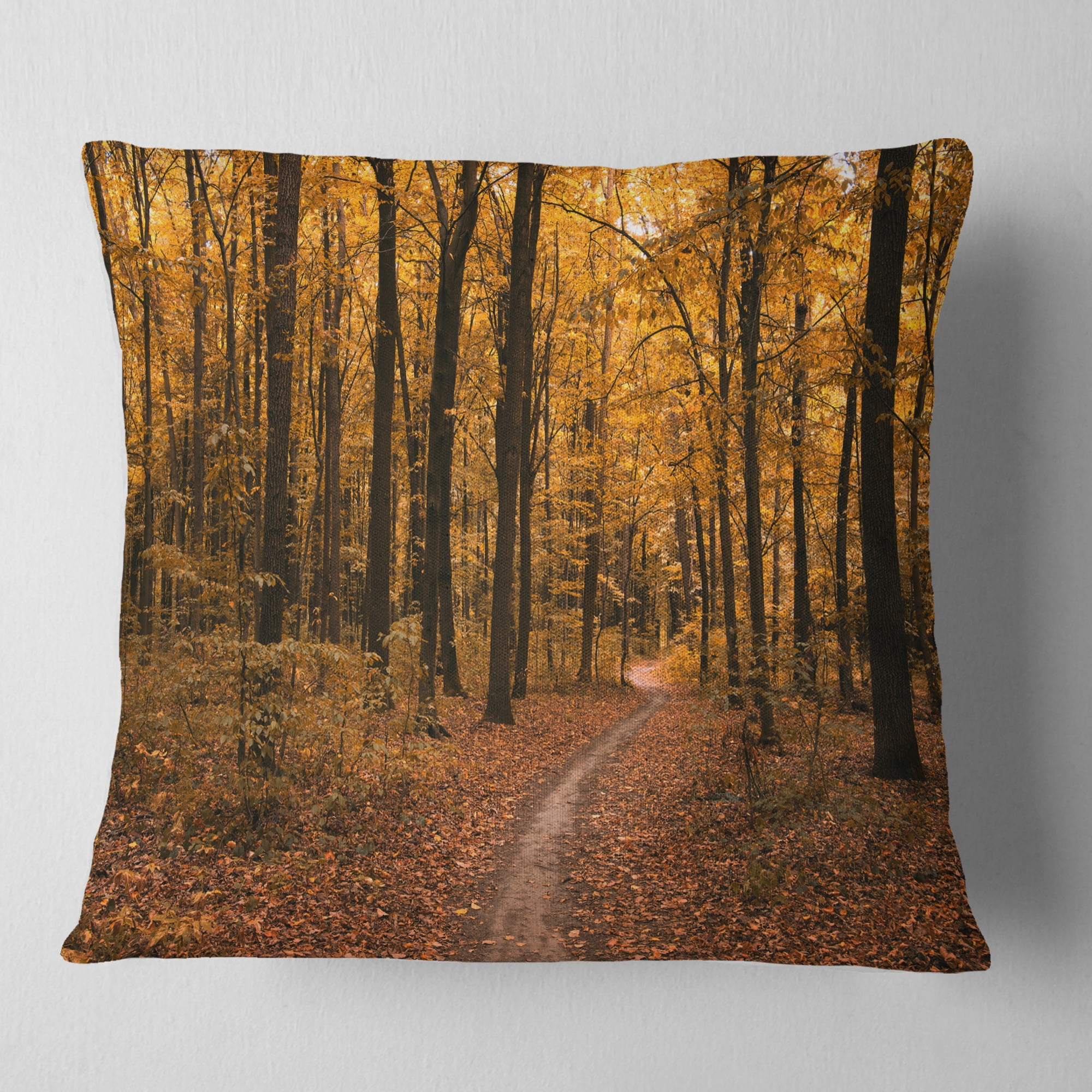 Designart Path in the Yellow Fall Forest - Modern Forest Throw Pillow - 18x18