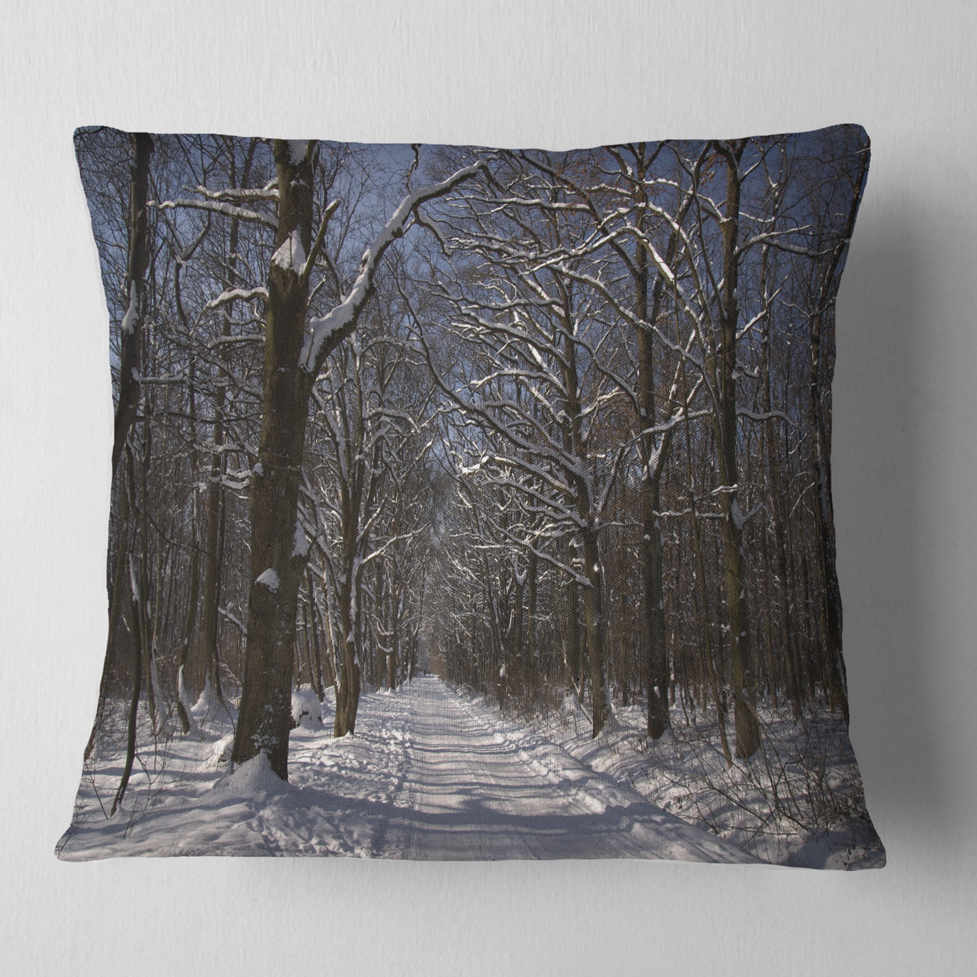 Designart Path on Sunny Winter Day in Park - Modern Forest Throw Pillow - 18x18