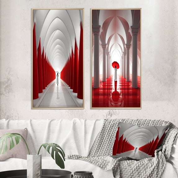Designart "Path to Dreams Red and White" Abstract Landscape Framed Wall Art Set Of 2 - Modern Red Frame Gallery Set For Office Decor