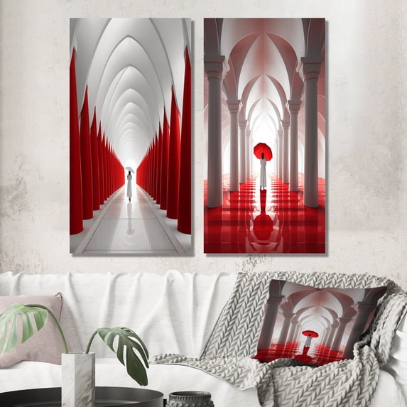 Designart "Path to Dreams Red and White" Abstract Landscape Wall Art Set Of 2 - Modern Red Gallery Set For Office Decor