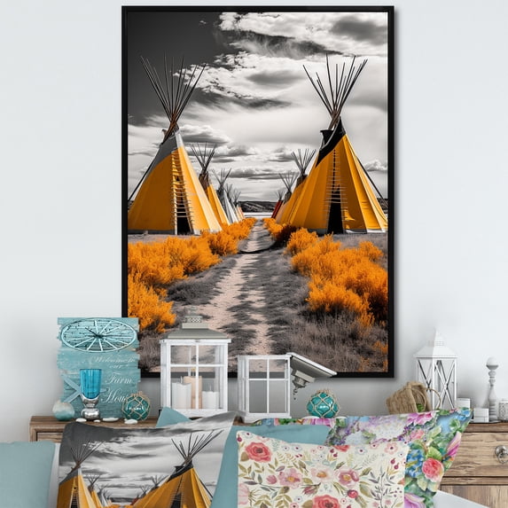 Designart "Path to Spirituality Yellow Native Tipi II" Cityscapes Floater Framed Canvas Print