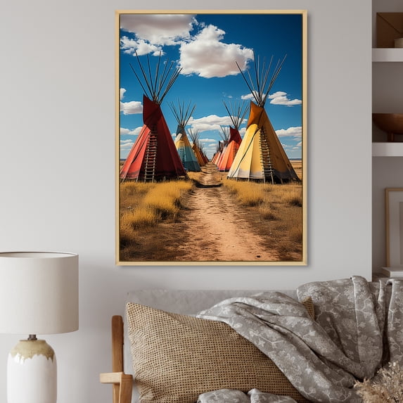 Designart "Path to Spirituality Yellow Native Tipi IV" Cityscapes Floater Framed Canvas Wall Art