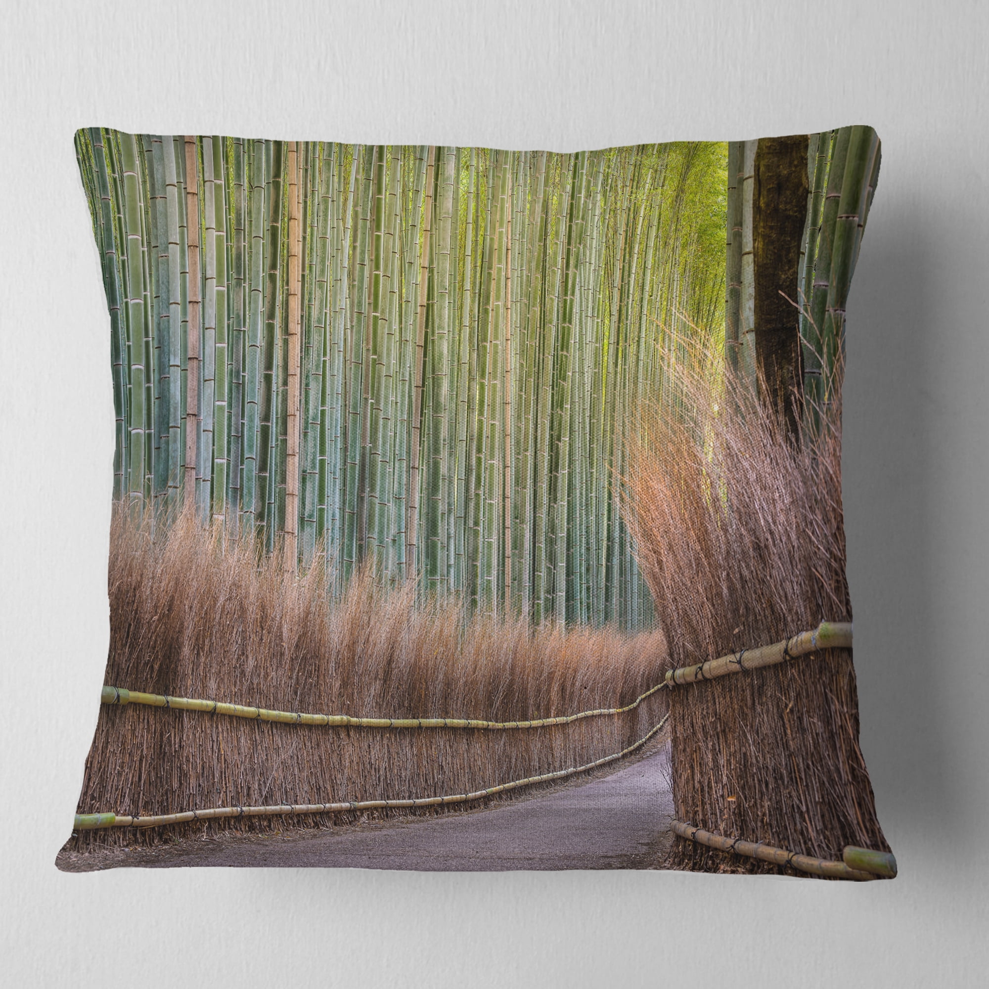 Designart Pathway Inside Bamboo Forest - Forest Throw Pillow - 18x18