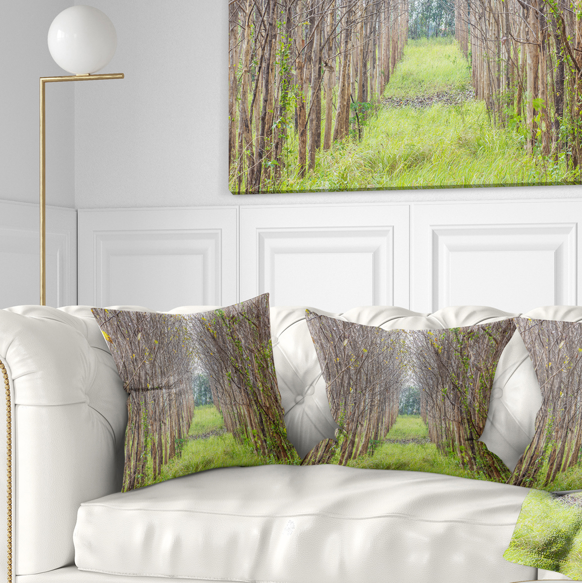 Designart Pathway Through Fall Green Trees - Landscape Photography Throw Pillow - 18x18