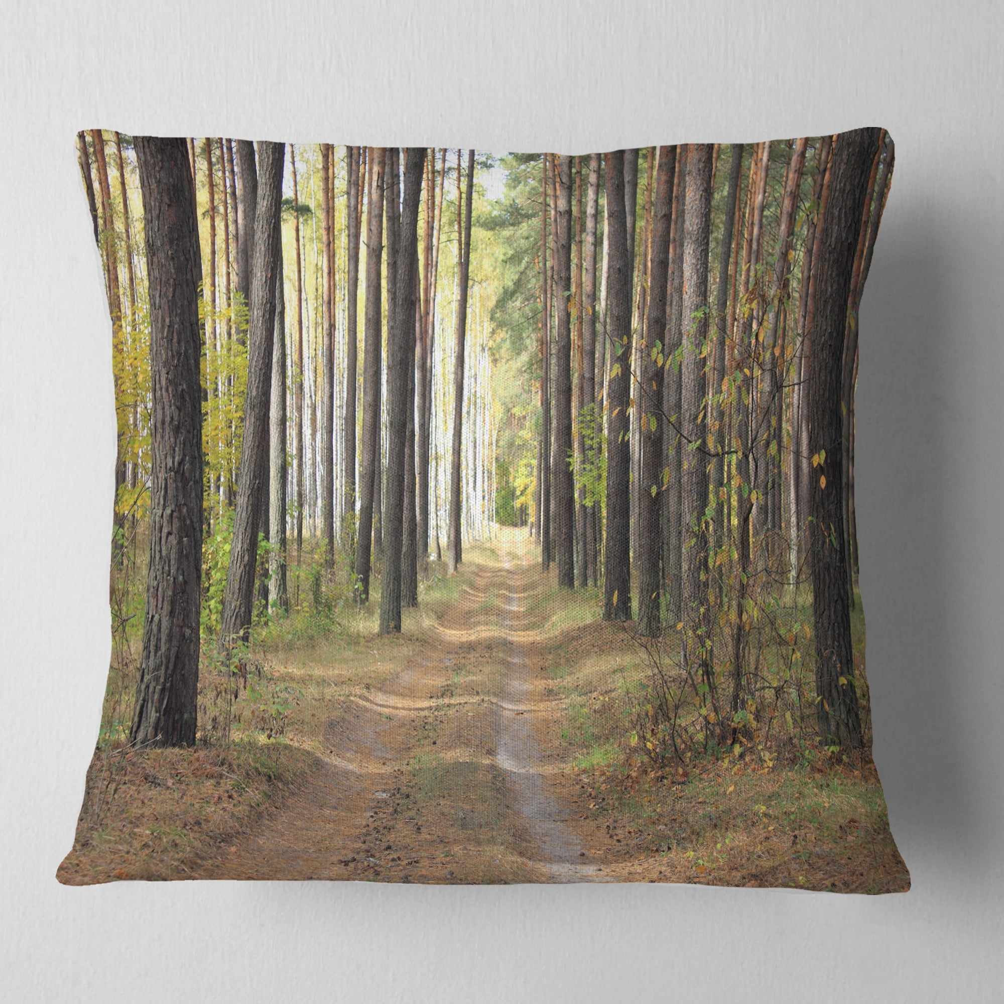 Designart Pathway in Autumn Pine Forest - Modern Forest Throw Pillow - 18x18