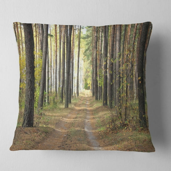 Designart Pathway in Autumn Pine Forest - Modern Forest Throw Pillow - 18x18