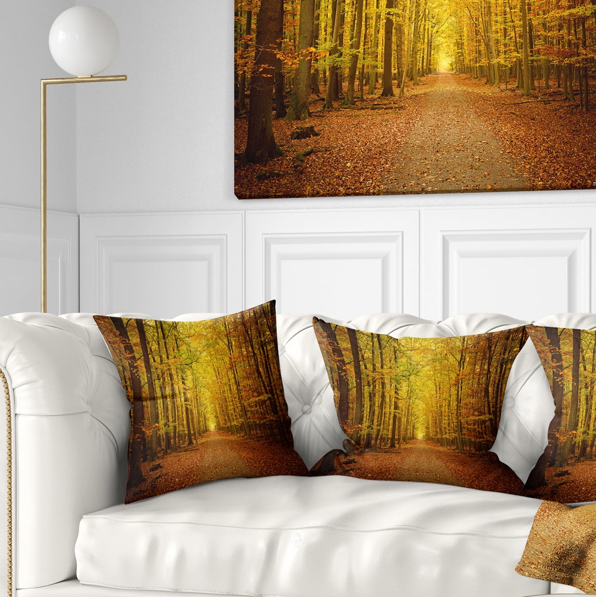 Designart Pathway in Green Autumn Forest - Photography Throw Pillow - 16x16